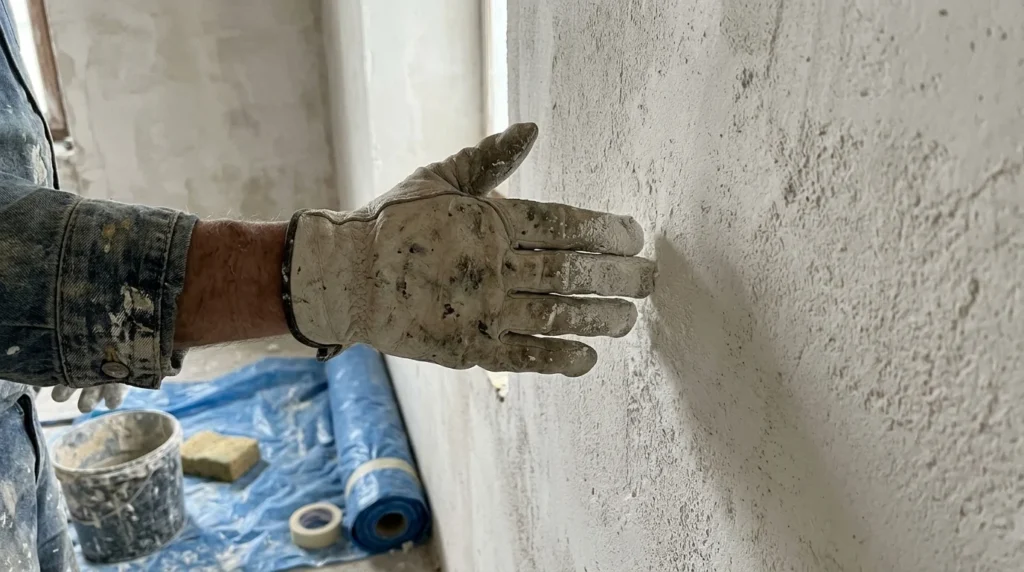 Main frottant un mur badigeonné à la chaux et laissant une trace blanche poudreuse sur les doigts