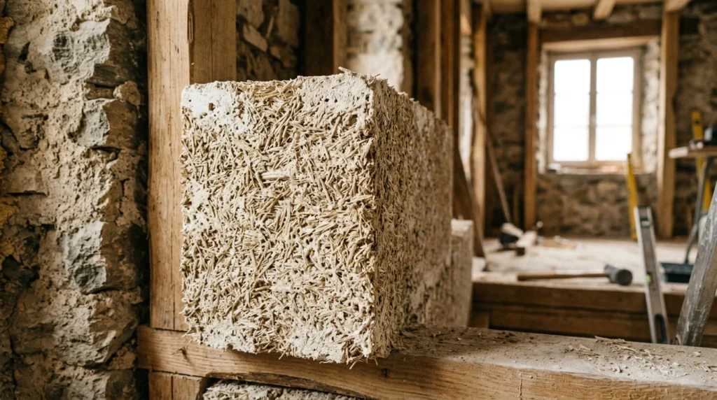 Bloc de béton de chanvre coupé montrant les paillettes de chènevotte enrobées de chaux