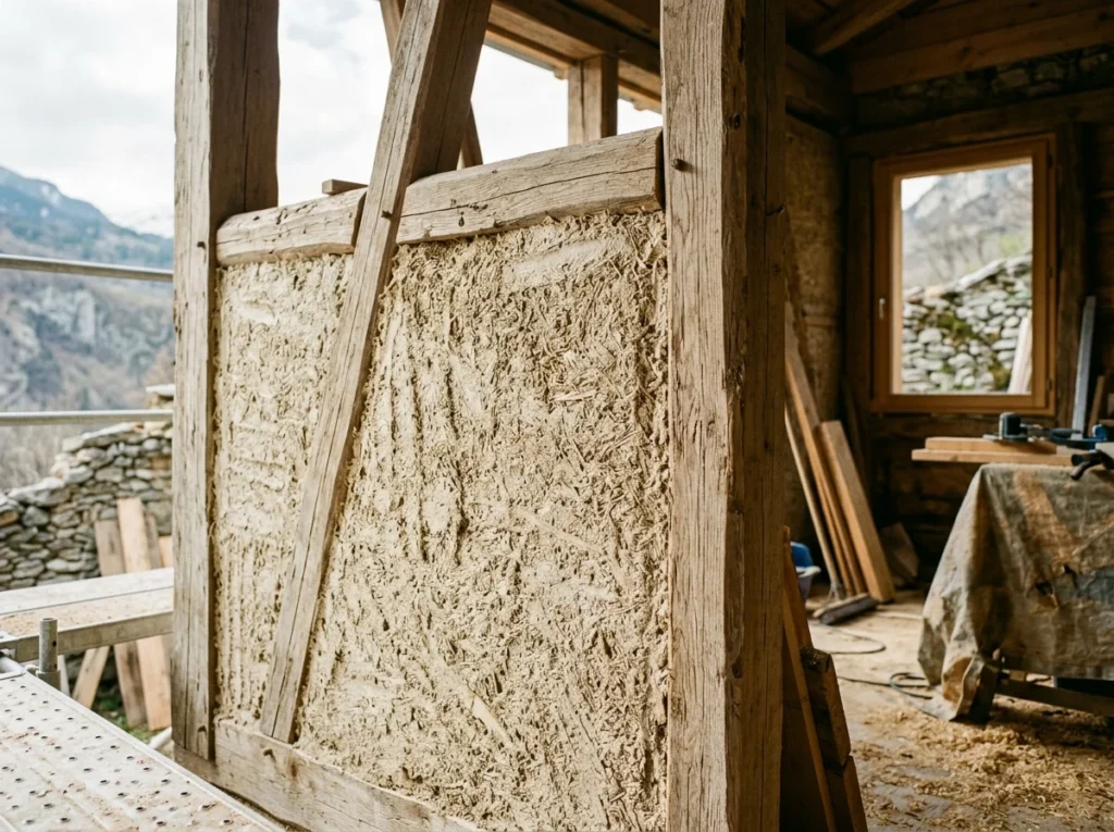 Mur en béton de chanvre fraîchement décoffré sur une ossature bois, surface granuleuse