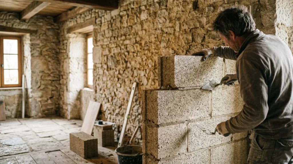 Doublage en blocs de chanvre montés à joints minces contre un mur en pierre