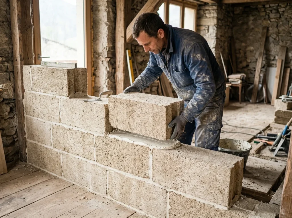 Pose d'un bloc de chanvre au mortier-colle à la chaux, joints décalés