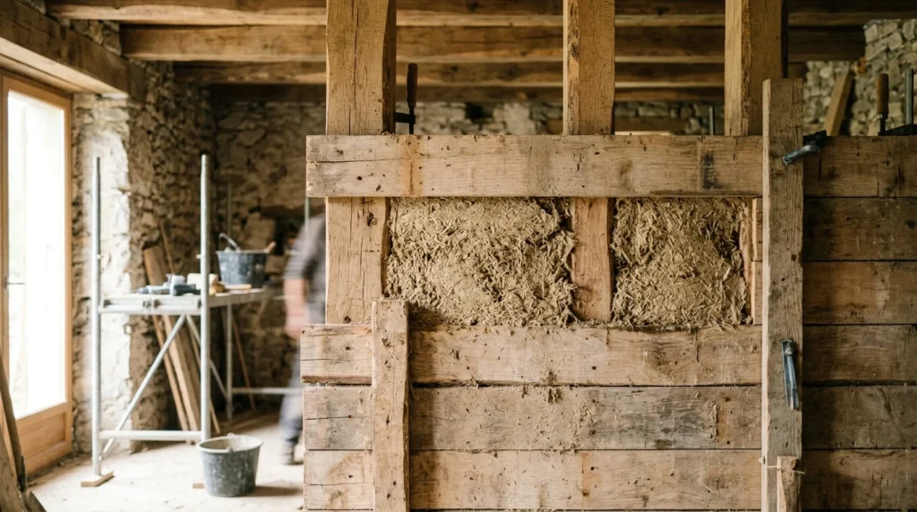 Coffrages en planches remplis de chaux-chanvre autour d'une ossature bois