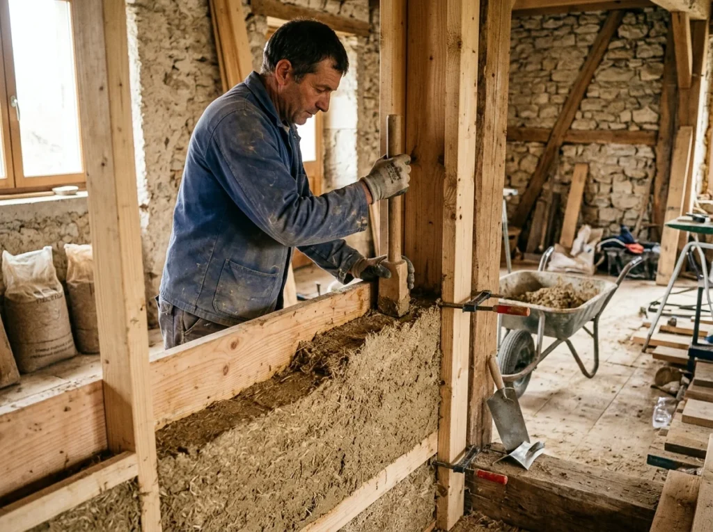 Remplissage d'un coffrage de chaux-chanvre par couche, tassement le long des planches