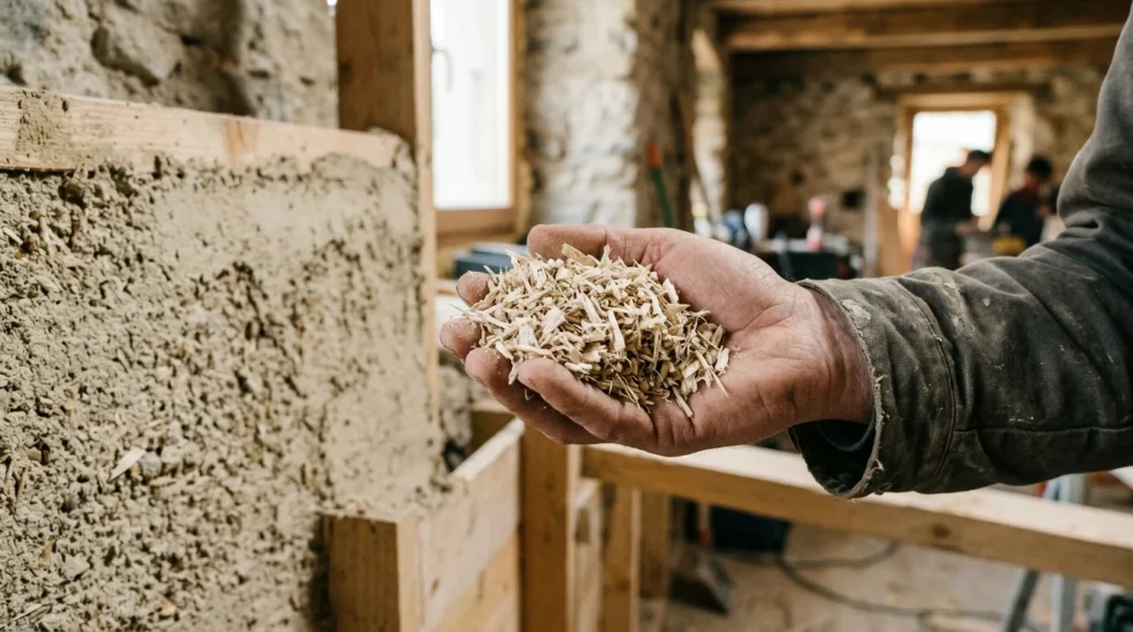 Gros plan sur des paillettes de chènevotte claires dans une main