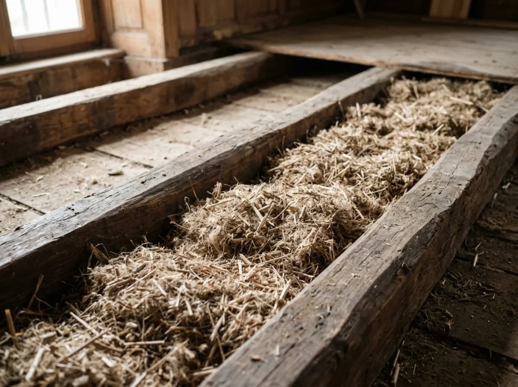 Chènevotte versée en vrac entre les solives d'un plancher ancien