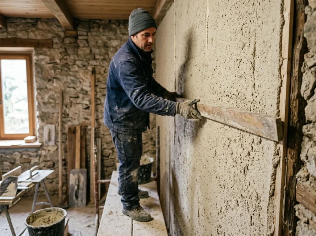 Seconde passe d'enduit chaux-chanvre dressée à la règle sur un mur intérieur