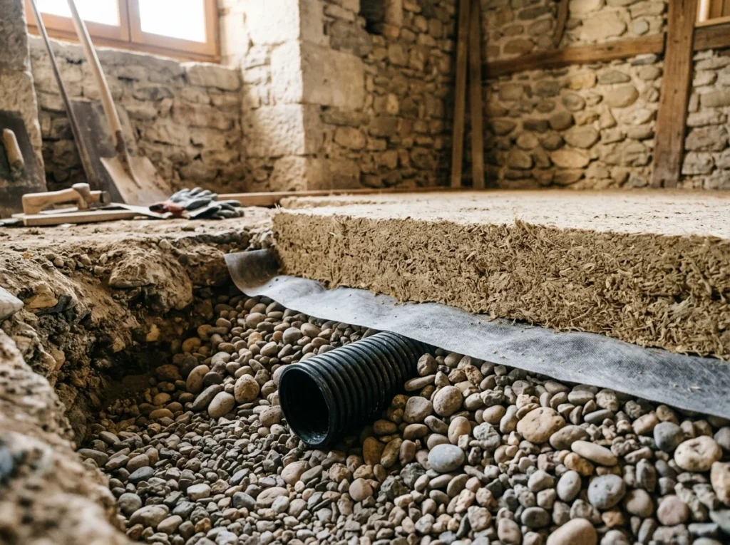 Coupe d'un sol : galets du hérisson ventilé, drain, géotextile puis dalle chaux-chanvre