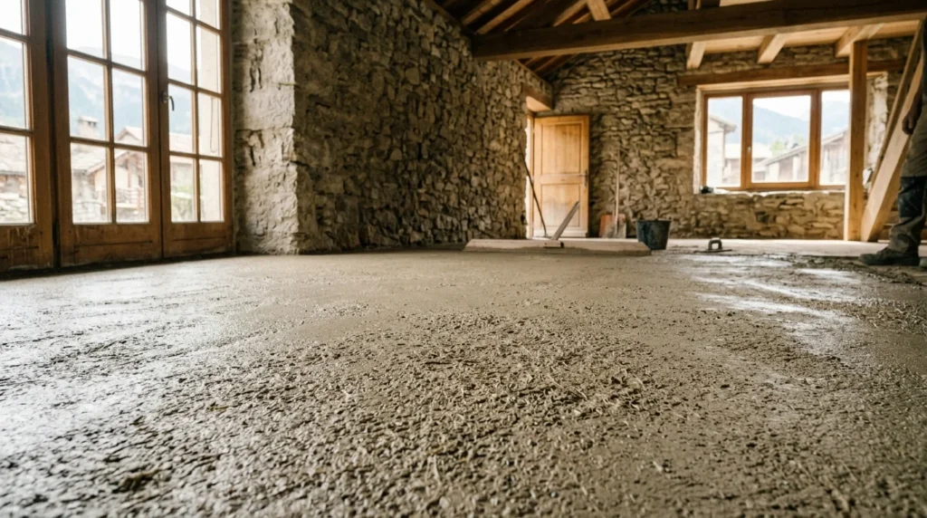 Dalle en chaux-chanvre fraîchement coulée et réglée dans une pièce de maison ancienne
