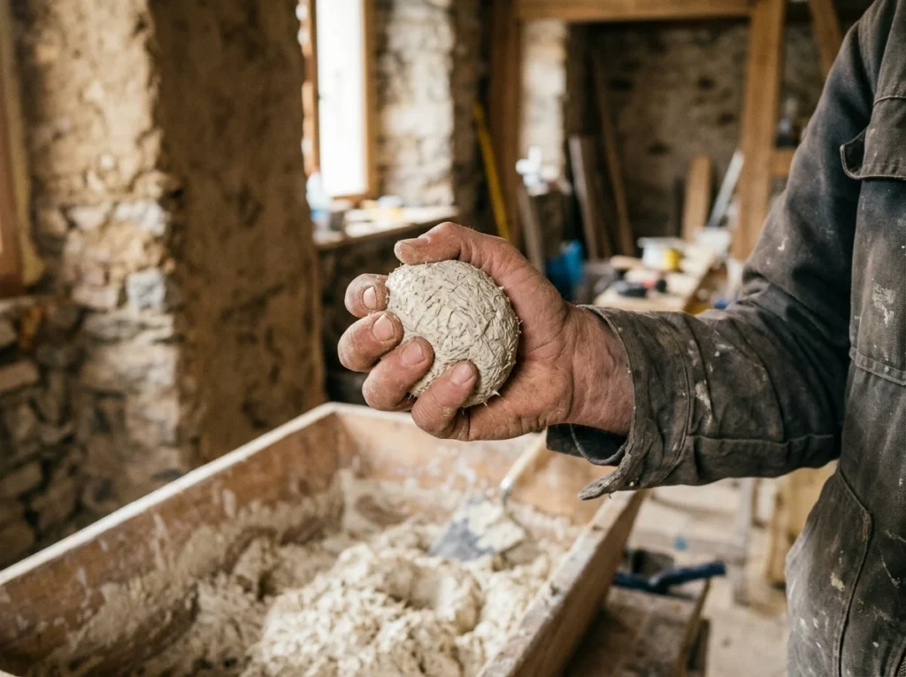 Poignée de chaux-chanvre serrée dans la main, qui tient en boule sans goutter