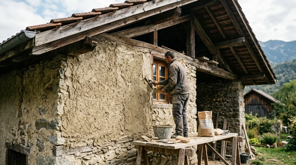Façade d'une maison ancienne en cours d'enduit chaux-chanvre sous un large débord de toit