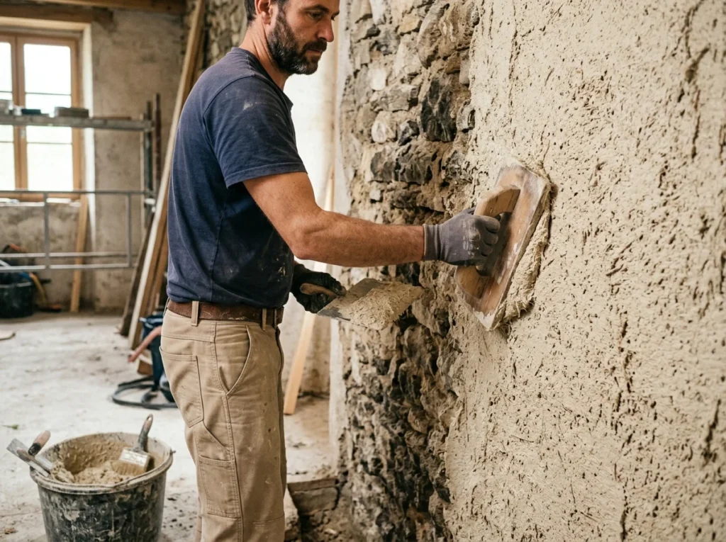 Application d'un enduit chaux-chanvre à la taloche sur un mur intérieur en pierre