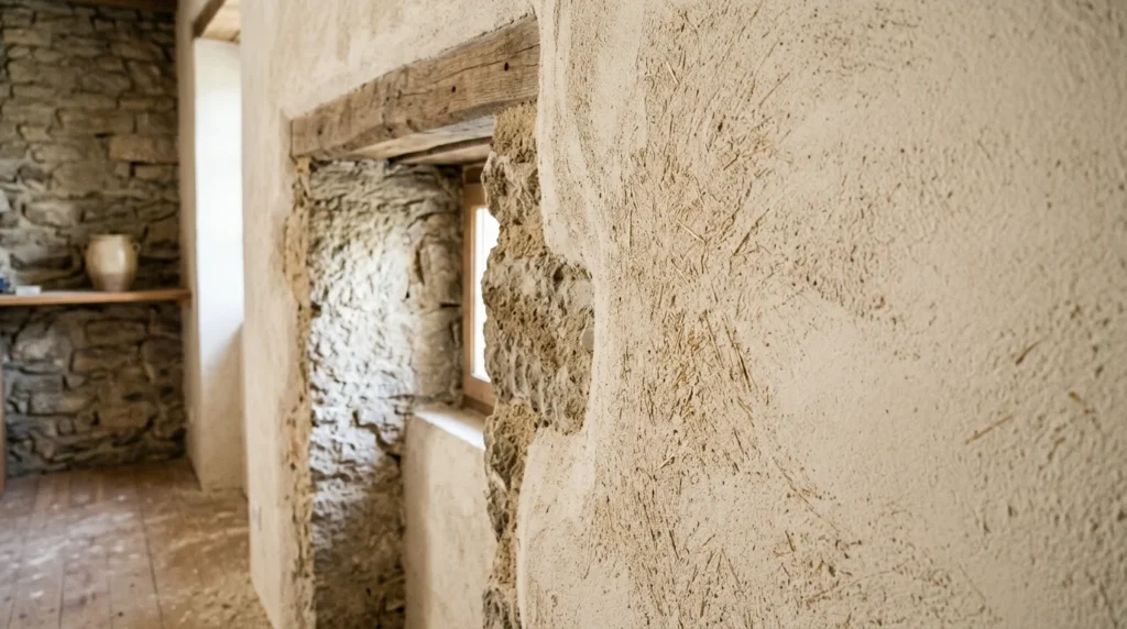 Mur intérieur en pierre recouvert d'un enduit chaux-chanvre taloché, chènevotte visible