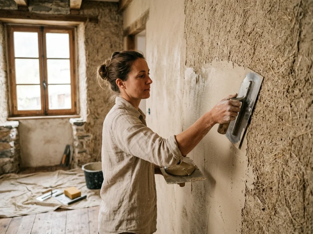 Application d'un enduit de finition à la chaux à la taloche sur un mur en chaux-chanvre
