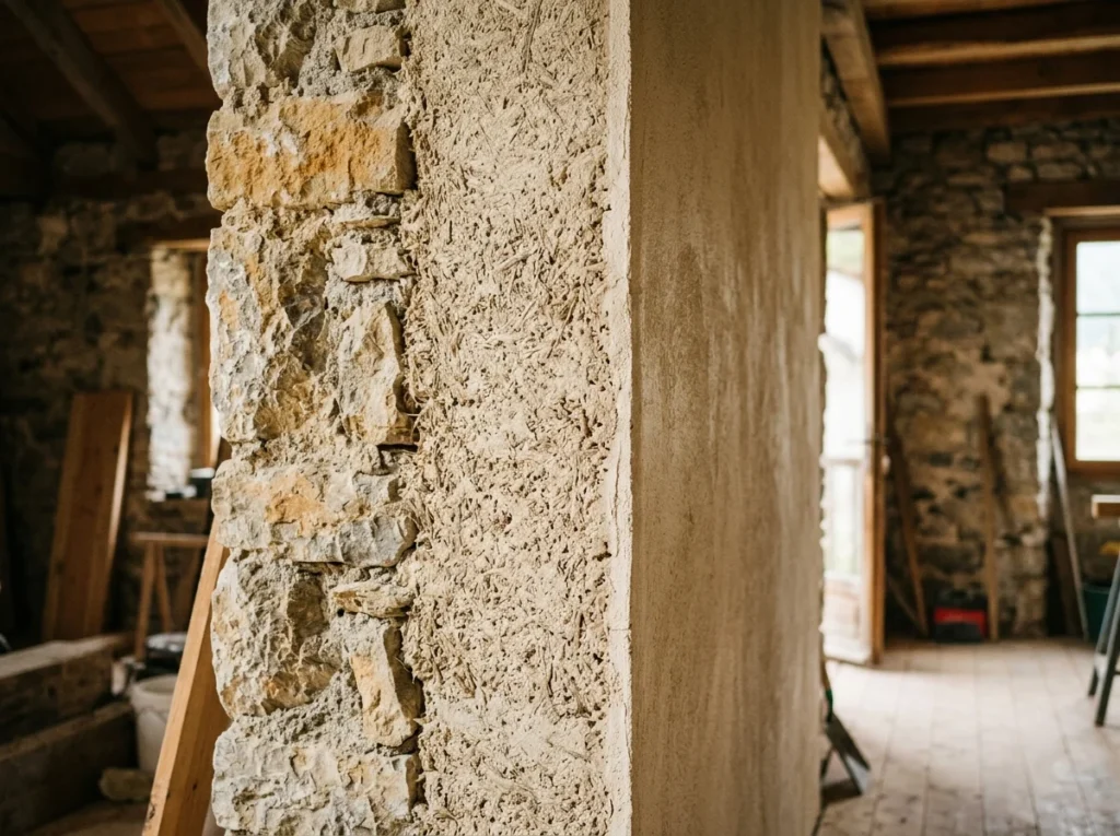 Coupe de mur montrant une maçonnerie en pierre doublée de béton de chanvre puis enduite