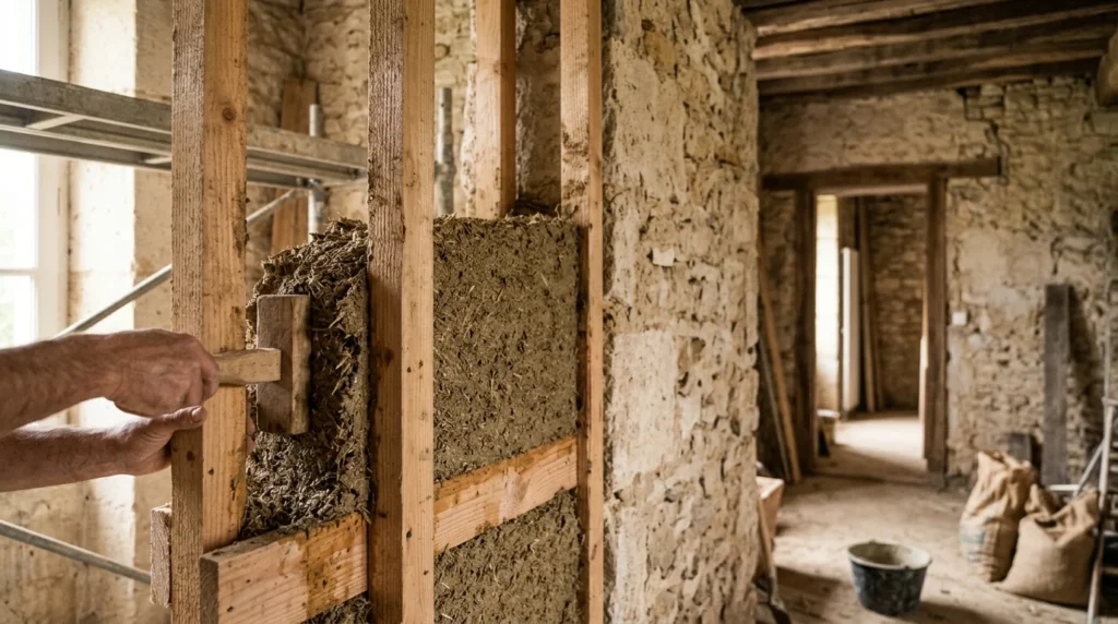 Mur ancien en cours de doublage en chaux-chanvre banché entre des coffrages en bois