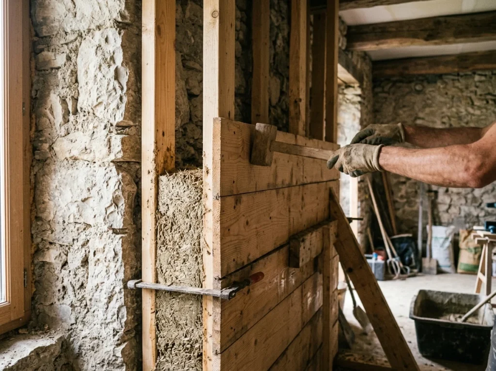 Coffrage en planches posé à 15 cm d'un mur en pierre, rempli de chaux-chanvre
