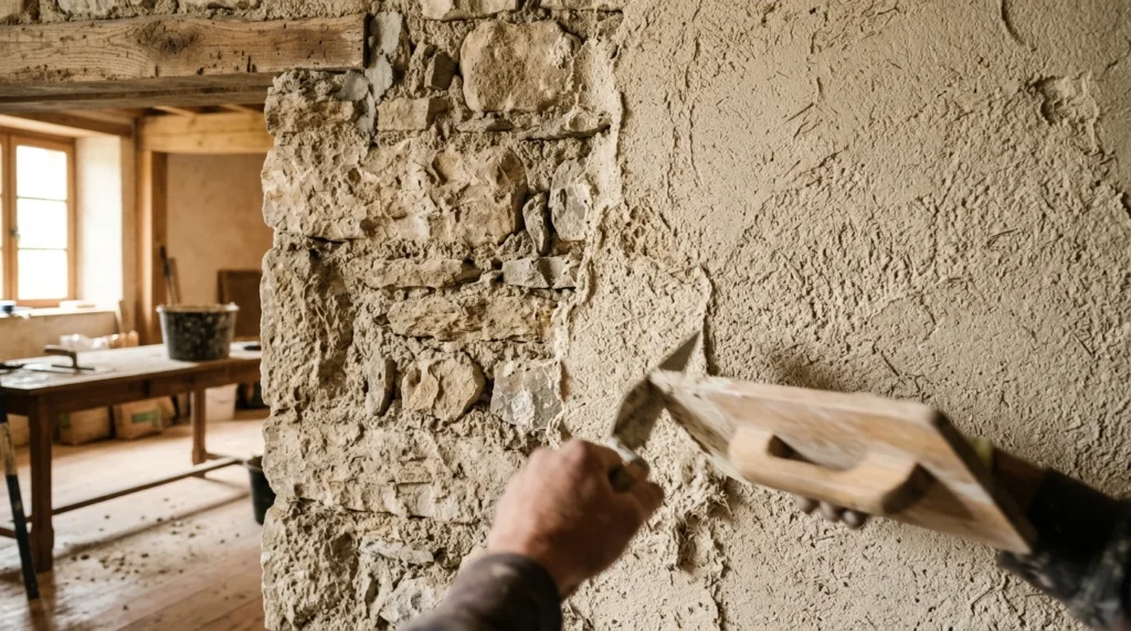 Mur intérieur en pierre ancienne à moitié recouvert d'un enduit chaux-chanvre