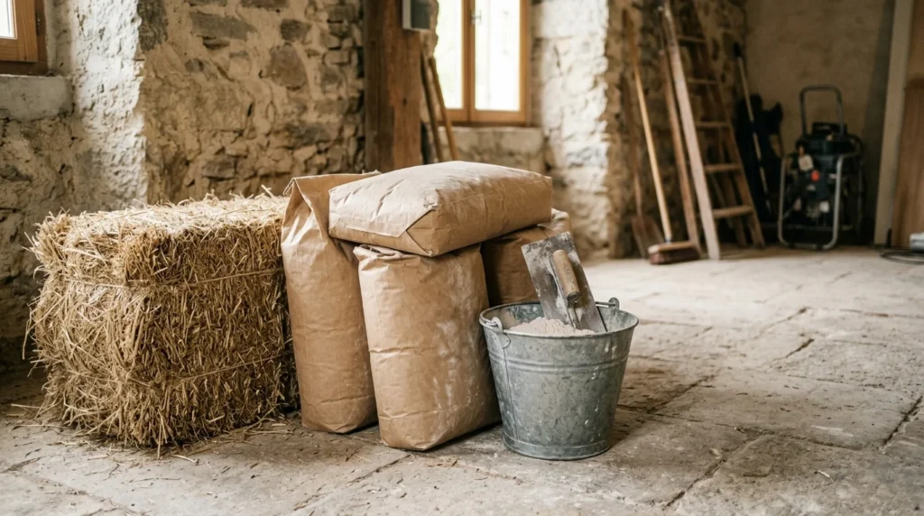 Sacs de liant pour béton de chanvre et seau de chaux posés à côté d'une balle de chènevotte