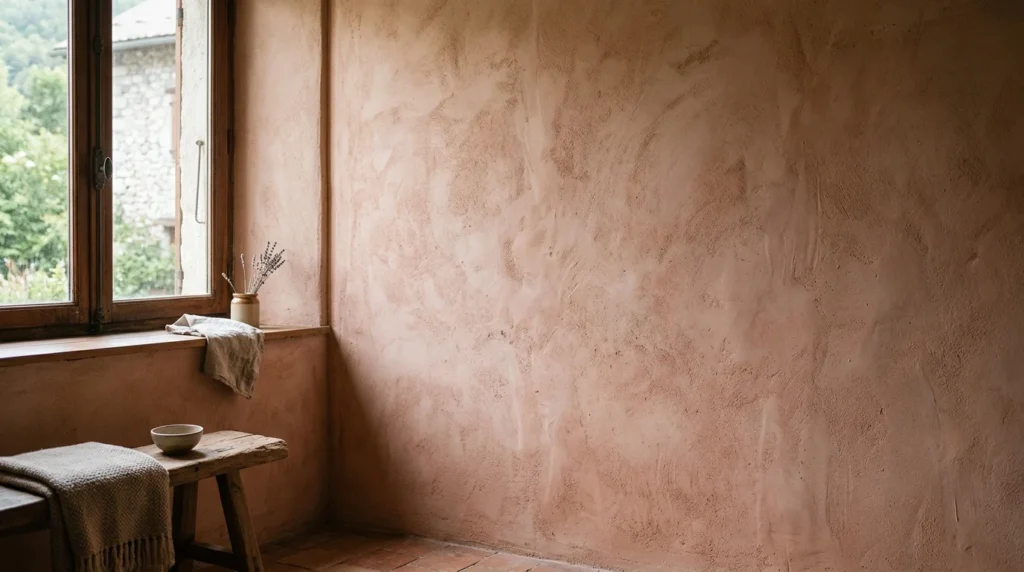 Mur intérieur peint à la chaux, teinte ocre rosé nuancée, lumière rasante