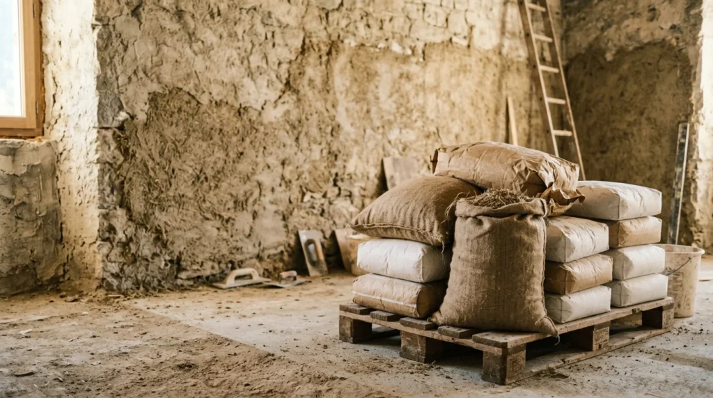 Balles de chènevotte et sacs de chaux sur palette devant un mur à enduire