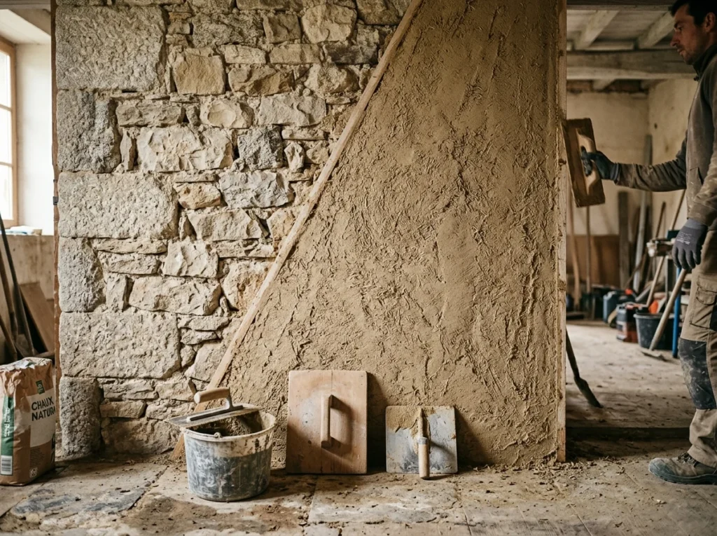 Mur intérieur en pierre à moitié recouvert d'enduit chaux-chanvre, outils au pied du mur