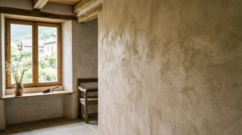 Mur intérieur en stuc à la chaux ferré, reflets satinés et nuances de teinte