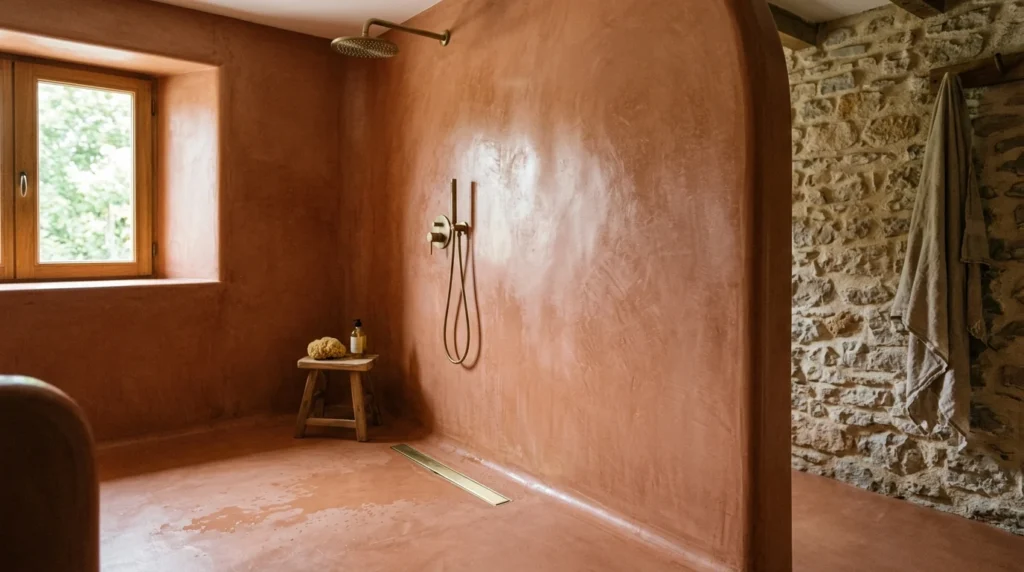 Douche à l'italienne en tadelakt couleur terre cuite, surface satinée sans joints