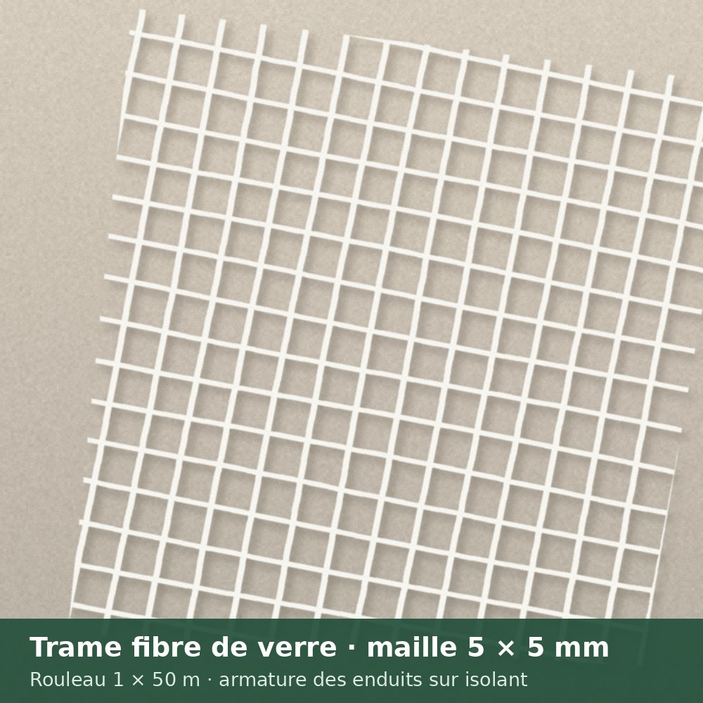 Trame d'armature en fibre de verre, maille 5 × 5 mm – rouleau de 1 × 50 m